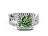 Silver Fancy Green Princess Cut Diamond Halo Ring with Round Split Shank and Prong Setting