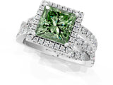 Silver Fancy Green Princess Cut Diamond Halo Ring with Round Split Shank and Prong Setting_1