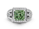 Silver Fancy Green Princess Cut Diamond Halo Ring with Split Shank and Bezel Accents and Four-Prong Setting_6