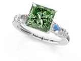 Silver Fancy Green Princess  Cut Diamond Ring with Baguette Side Stones, Channel Set Band, and Four-Prong Setting_25