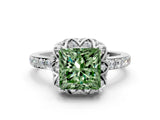 Silver Fancy Green Princess Cut Diamond Scalloped Halo Engagement Ring with Round Shared Prong Band