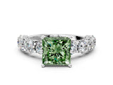 Silver Fancy Green Princess Cut Diamond Side Stone Engagement Ring with Four-Prong Setting