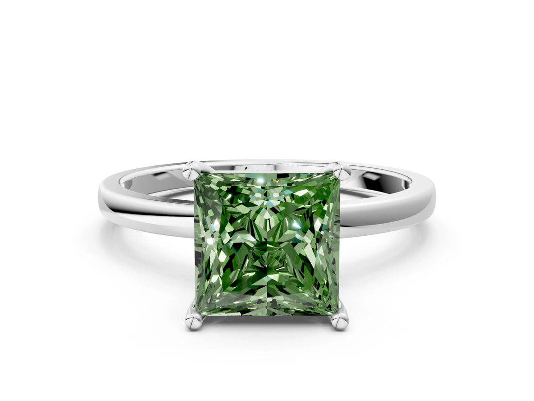 Silver Fancy Green Princess Cut Diamond Solitaire Ring with Classic Band and Four-Prong Setting_30