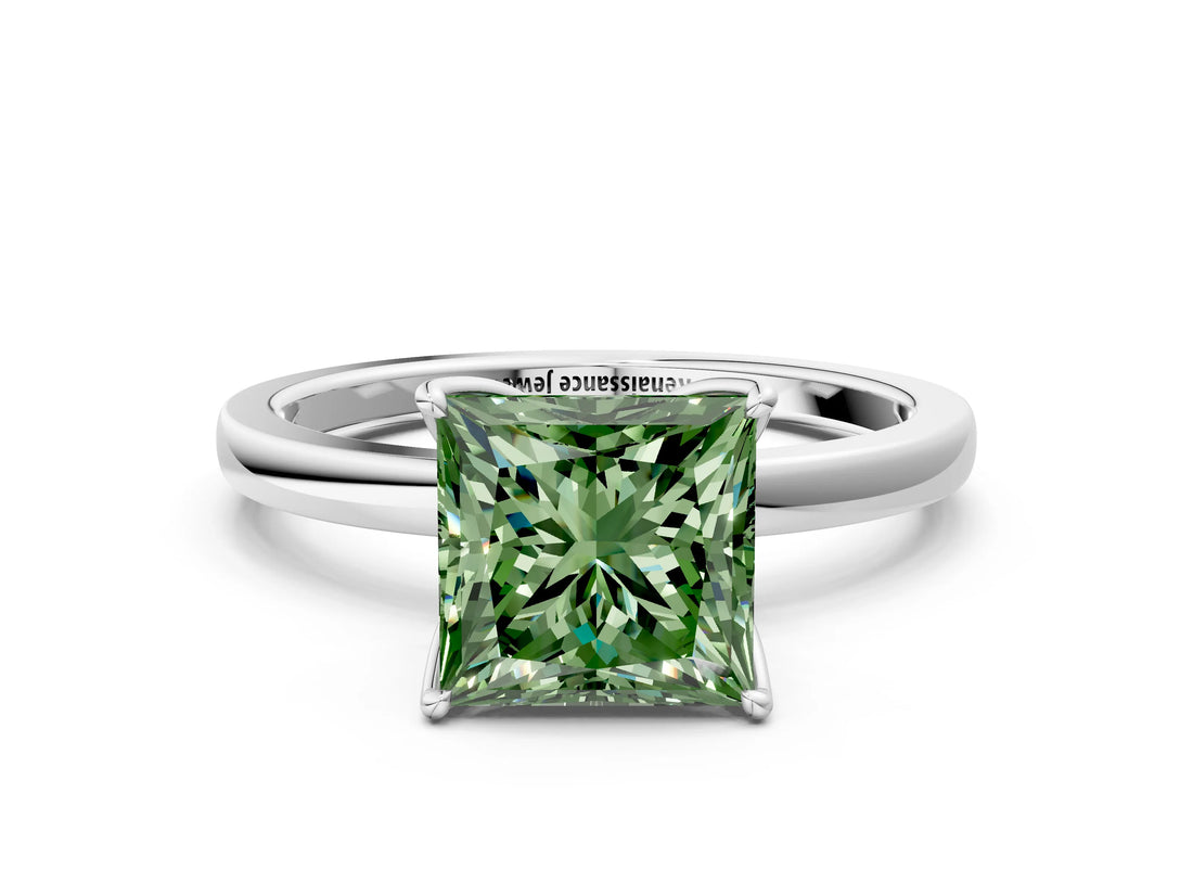 Silver Fancy Green Princess Cut Diamond Solitaire Ring with Thin Band and Prong Setting