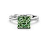 Silver Fancy Green Princess Cut Diamond Solitaire Ring with Thin Band and Prong Setting