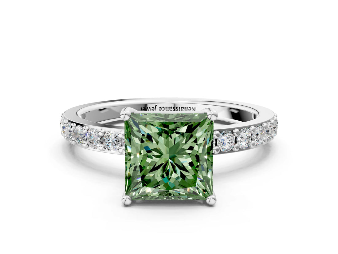 Silver Fancy Green Princess  Cut Diamond Solitaire with Pave Band and Four-Prong Setting 1