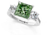 Silver Fancy Green Princess Cut Diamond Three-Stone Engagement Ring with Prong Setting and Pavé Band_7