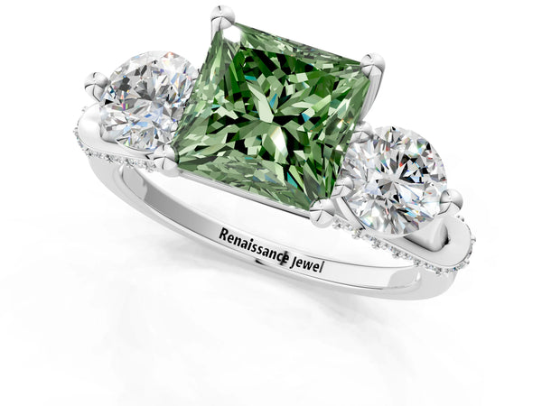Sterling Silver Princess Cut Curved Pave Three Stone Engagement Ring Setting for Fancy Green Center