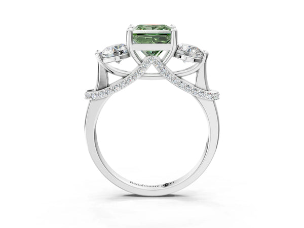Sterling Silver Princess Cut Curved Pave Three Stone Engagement Ring Setting for Fancy Green Center