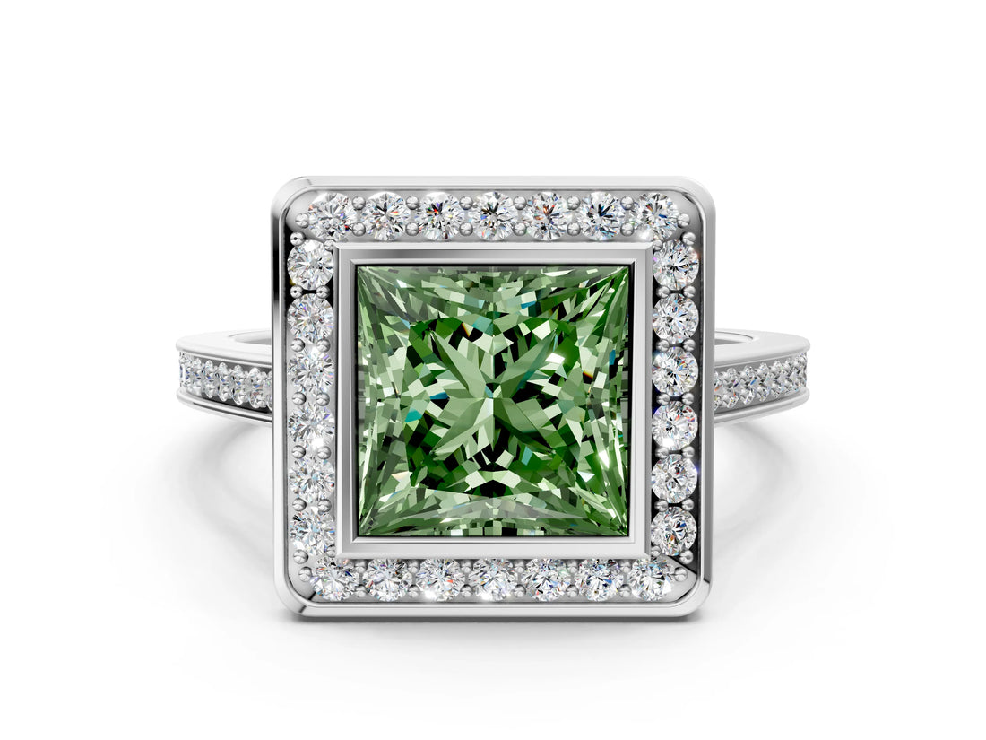 Silver Fancy Green Princess Cut Halo Bezel Diamond Pave Band Ring_6