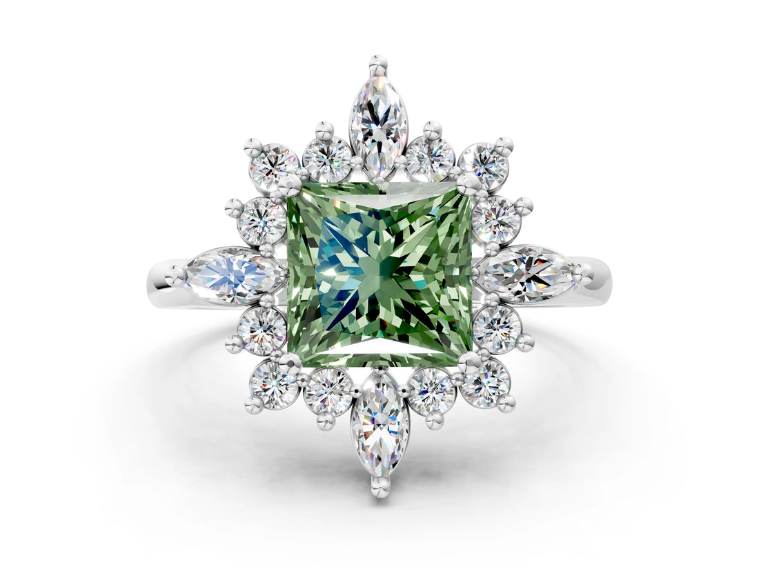 Silver Fancy Green Princess Cut Halo Diamond Cluster Ring with Marquise and Round Stones on a White Gold Band with Prong Setting