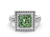 Silver Fancy Green Princess Cut Halo Diamond Ring with Beaded Split Shank and Four-Prong Setting_6