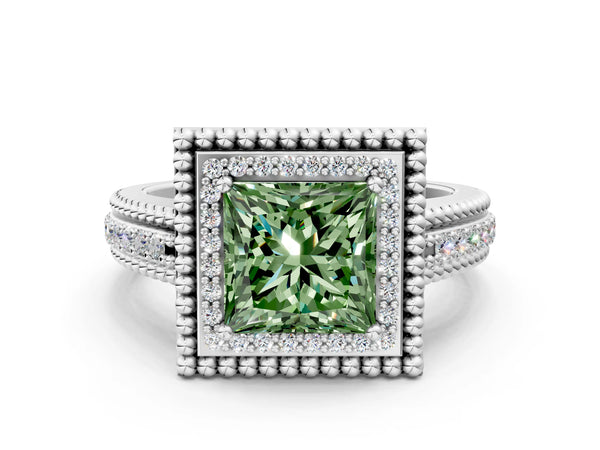 Sterling Silver Princess Cut Beaded Halo Engagement Ring Setting for Fancy Green Center with Pave