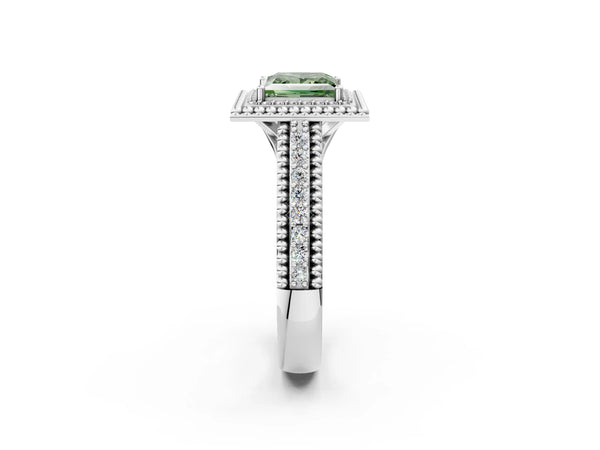 Sterling Silver Princess Cut Beaded Halo Engagement Ring Setting for Fancy Green Center with Pave