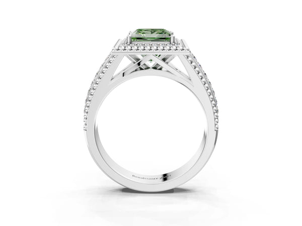 Sterling Silver Princess Cut Beaded Halo Engagement Ring Setting for Fancy Green Center with Pave
