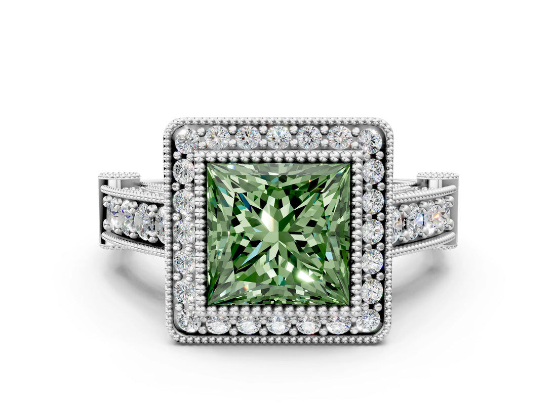 Silver Fancy Green Princess Cut Halo Diamond Split Shank Pave Ring_6