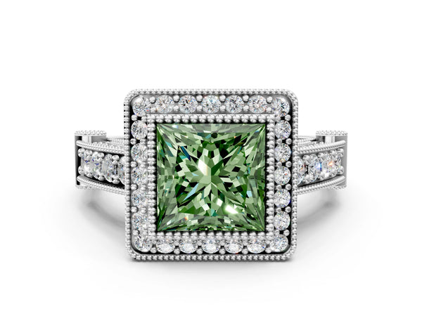 Sterling Silver Princess Cut Vintage Bezel Halo Engagement Ring Setting for Fancy Green Center