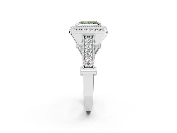 Sterling Silver Princess Cut Vintage Bezel Halo Engagement Ring Setting for Fancy Green Center