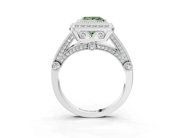 Sterling Silver Princess Cut Vintage Bezel Halo Engagement Ring Setting for Fancy Green Center