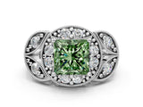 Silver Fancy Green Princess Cut Halo Milgrain Diamond Engagement Ring with Leaf Band and Four-Prong Setting_12