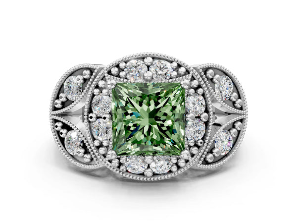 Silver Fancy Green Princess Cut Halo Milgrain Diamond Engagement Ring with Leaf Band and Four-Prong Setting