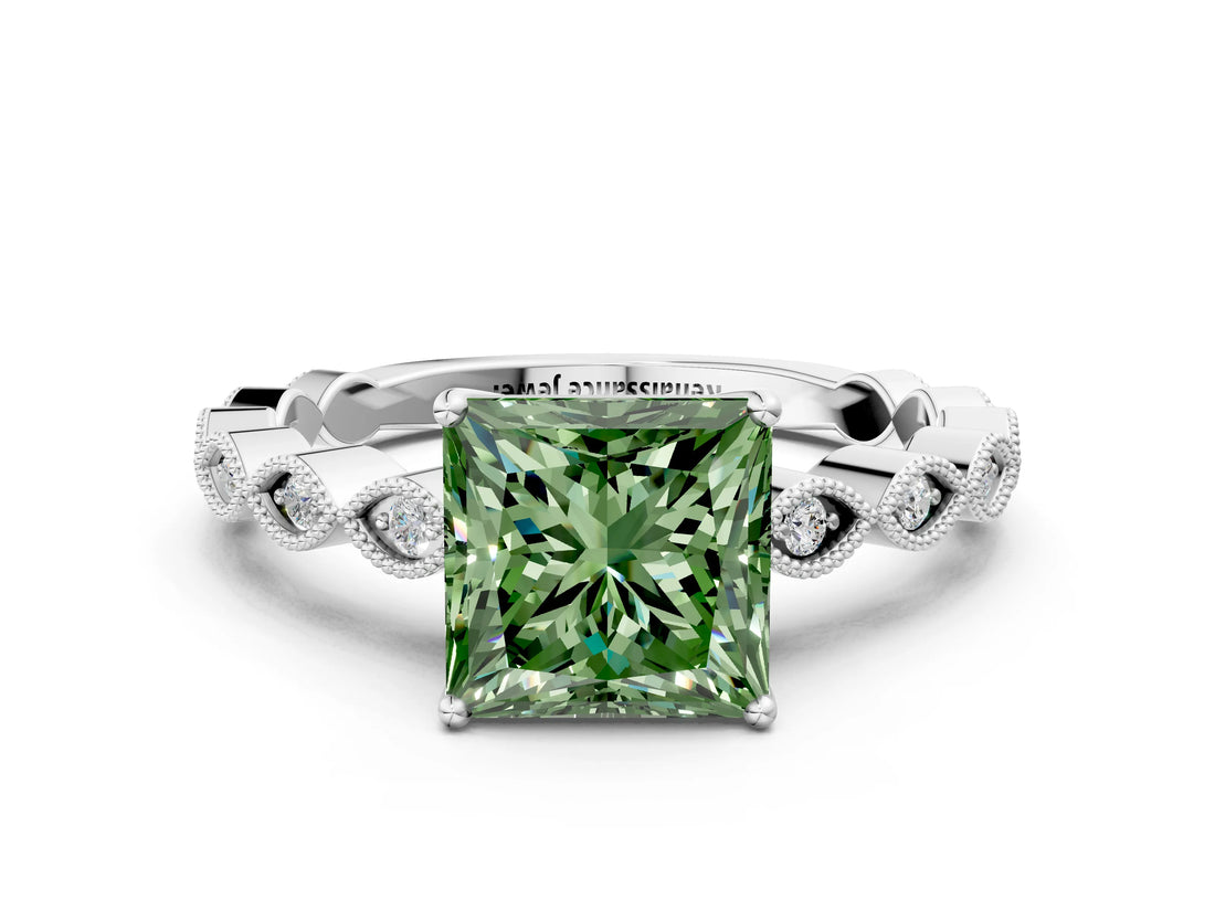 Silver Fancy Green Princess Cut Solitaire Diamond Ring with Infinity Twist Band and Four-Prong Setting_6
