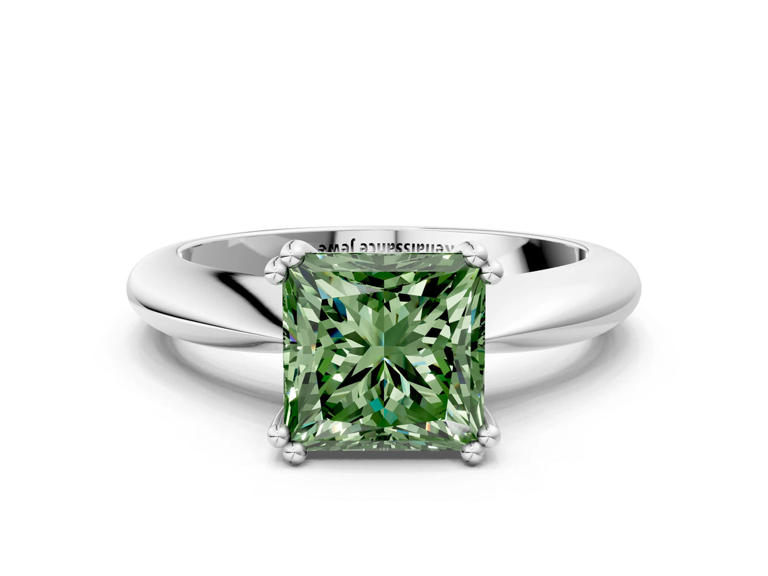 Silver Fancy Green Princess  Cut Solitaire Engagement Ring with Tapered Band and Four-Prong Setting