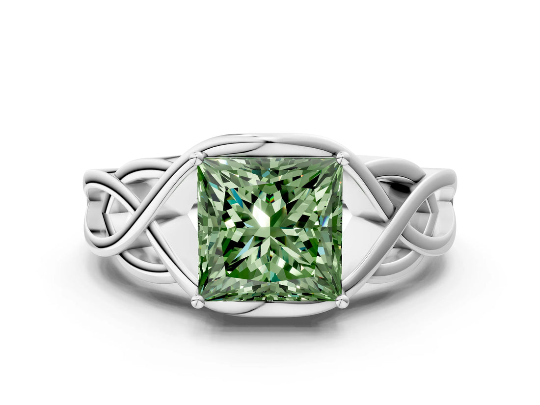 Silver Fancy Green Princess Cut Solitaire Intertwined Band Prong Setting Ring_6