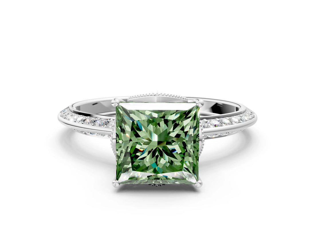 Silver Fancy Green Princess Cut Solitaire Split Shank Pave Diamond Engagement Ring with Four-Prong Setting_54