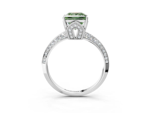 Sterling Silver Princess Cut Graduated Pave Engagement Ring Setting for Fancy Green Center