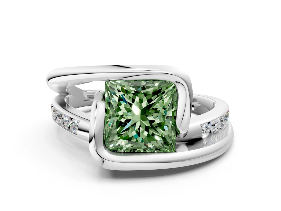 Silver Fancy Green Princess Cut Solitaire Tension-Set Diamond Split Shank Ring_6