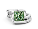 Silver Fancy Green Princess Cut Solitaire Tension-Set Diamond Split Shank Ring_6
