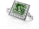 Silver Fancy Green Princess  Halo Diamond Engagement Ring with Twisted Band and Four-Prong Setting 1