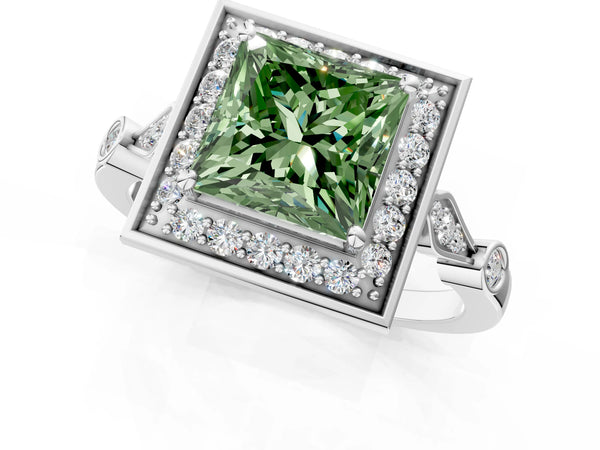 Sterling Silver Princess Cut Bezel Station Halo Engagement Ring Setting for Fancy Green Center