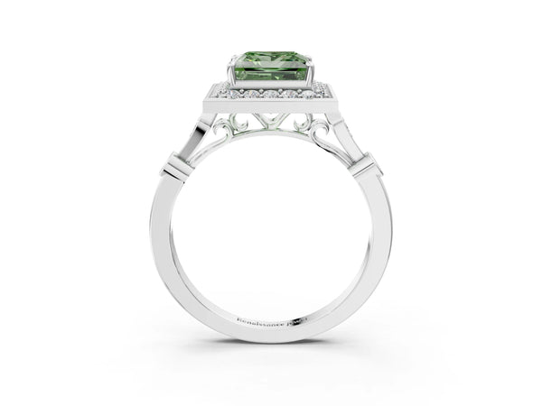 Sterling Silver Princess Cut Bezel Station Halo Engagement Ring Setting for Fancy Green Center