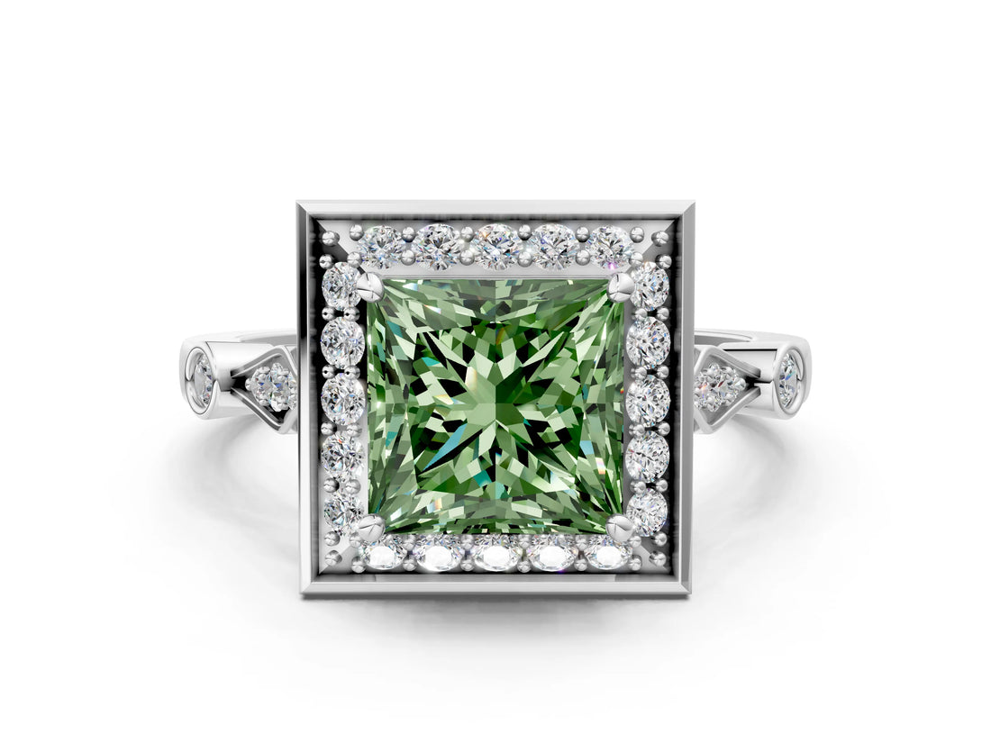 Silver Fancy Green Princess  Halo Diamond Engagement Ring with Twisted Band and Four-Prong Setting