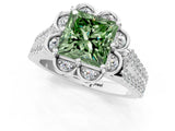 Silver Fancy Green Princess  Halo Diamond Floral Split Shank Engagement Ring 2