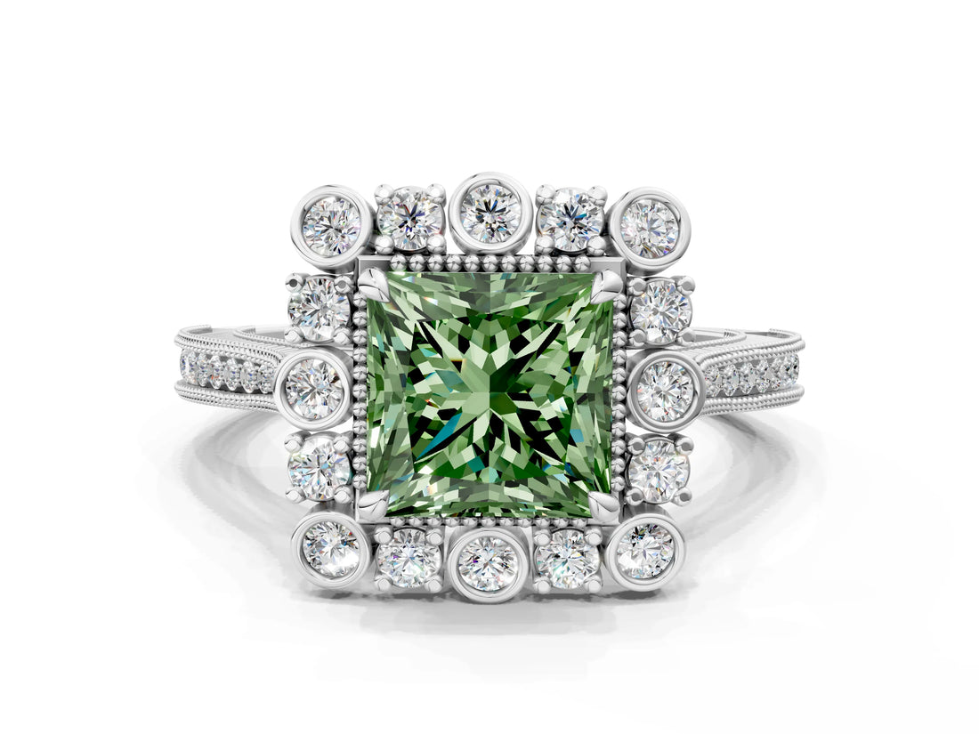 Silver Fancy Green Princess  Halo Milgrain Pave Diamond Ring with Four-Prong Setting 2