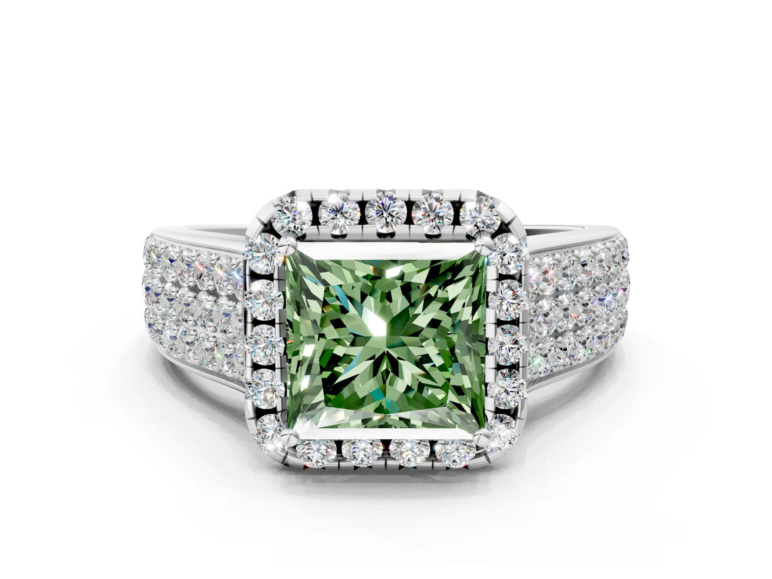 Silver Fancy Green Princess  Halo Round Diamond Pave Band with Prong Setting 1