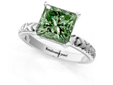 Silver Fancy Green Princess  Solitaire Diamond Engagement Ring with XO Engraved Band and Four-Prong Setting 1
