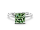 Silver Fancy Green Princess  Solitaire Diamond Ring with a Classic Band and Four-Prong Setting