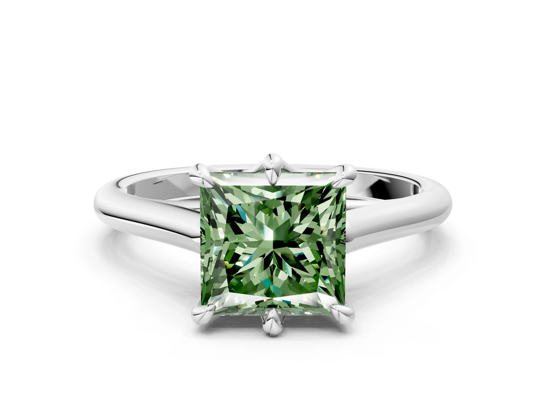 Silver Fancy Green Princess  Solitaire Engagement Ring with Six-Prong Setting and Classic Band