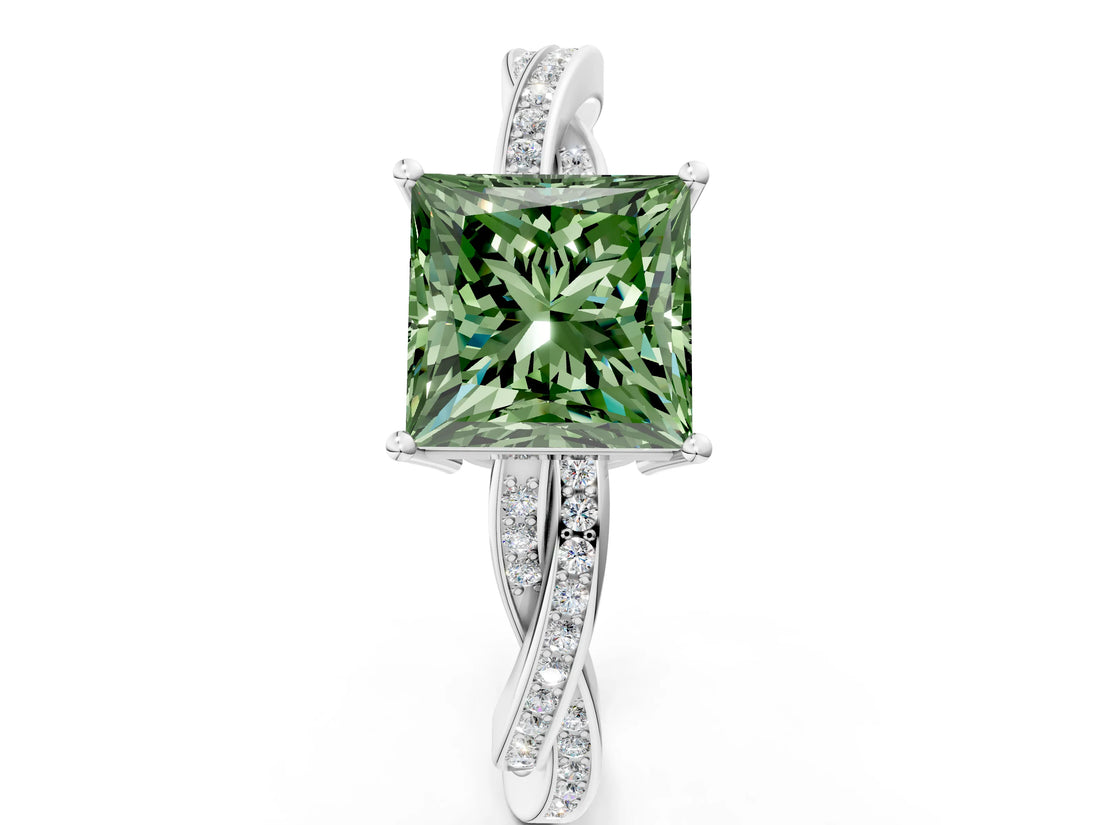 Silver Fancy Green Princess  Solitaire Twisted Pave Diamond Ring with Four-Prong Setting
