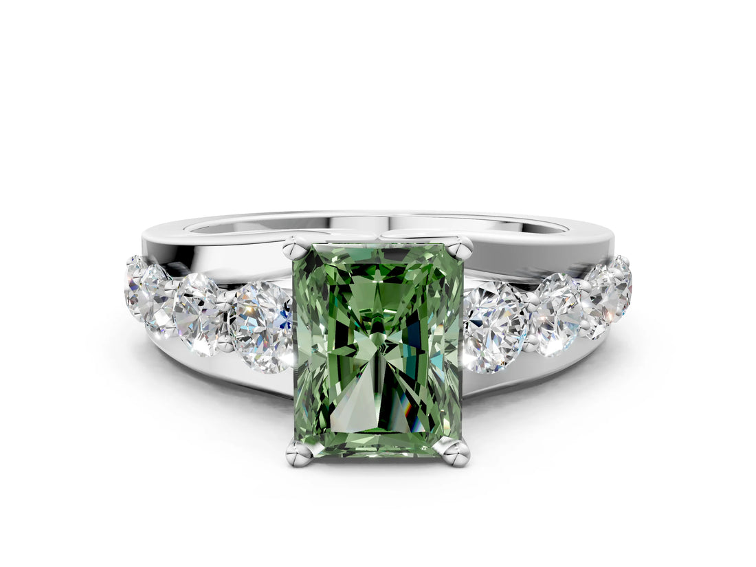 Silver Fancy Green Radiant  Brilliant Solitaire with Side Stones on a Pave Band and Four-Prong Setting_12