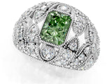 Silver Fancy Green Radiant Cut Brilliant Halo Pave Diamond Milgrain Ring_7
