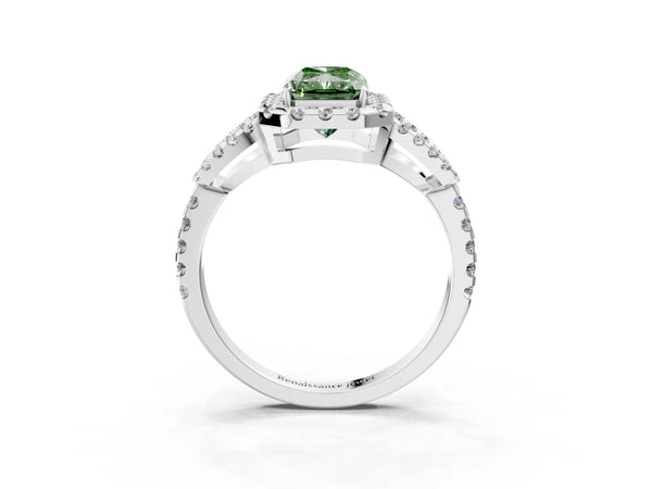 Sterling Silver Radiant Cut Split Shank Pave Halo Engagement Ring Setting for Fancy Green Center