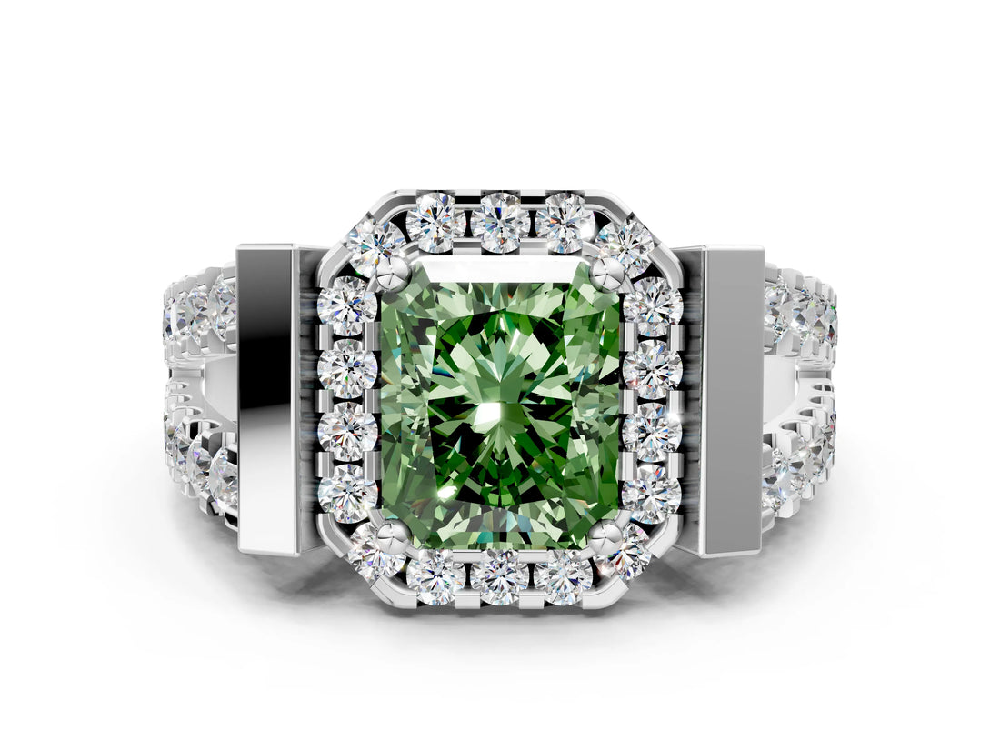 Silver Fancy Green Radiant Cut Cut Halo Split Shank Prong Set Ring_6