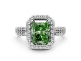 Silver Fancy Green Radiant Cut Diamond Double Halo Ring with Split Shank and Four-Prong Setting_6