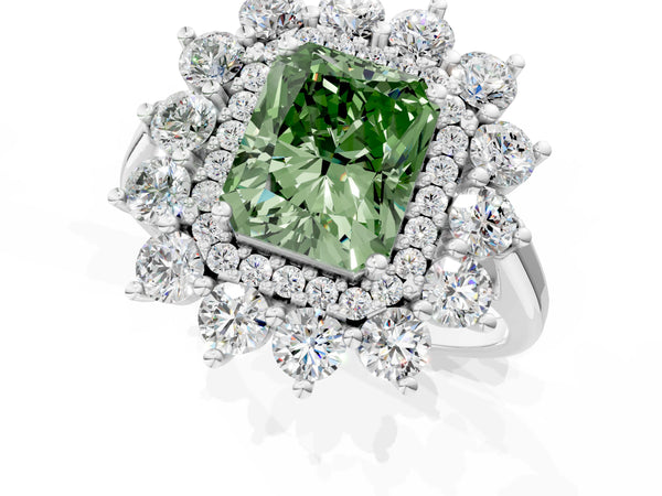 Sterling Silver Radiant Cut Floral Double Halo Engagement Ring Setting for Fancy Green Center