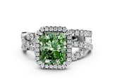 Silver Fancy Green Radiant Cut Diamond Halo Ring with Round Split Shank and Prong Setting_12